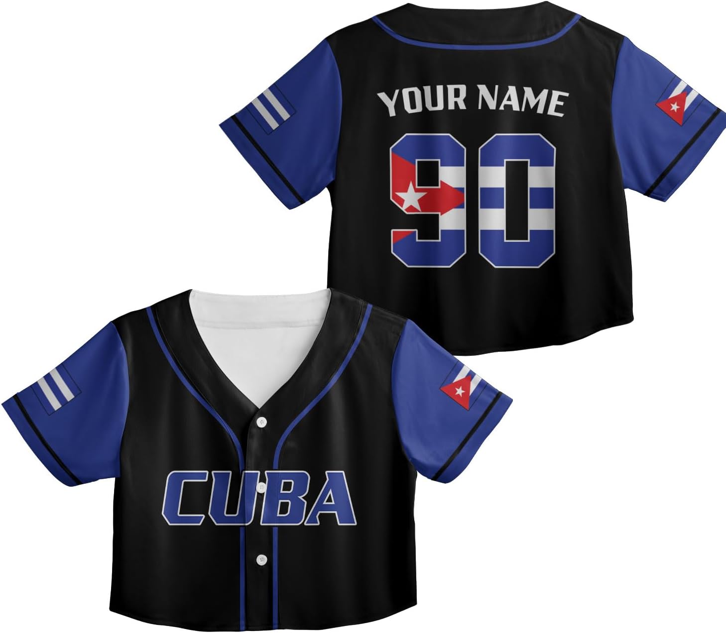 Women's Cuba Baseball Croptop Jersey, Black, 5X-Large, Short Sleeve, V-Neck, Solid, Crop Top, All Seasons, Button Closure, 0 Pockets, Premium Material Blend & High-Definition Prints