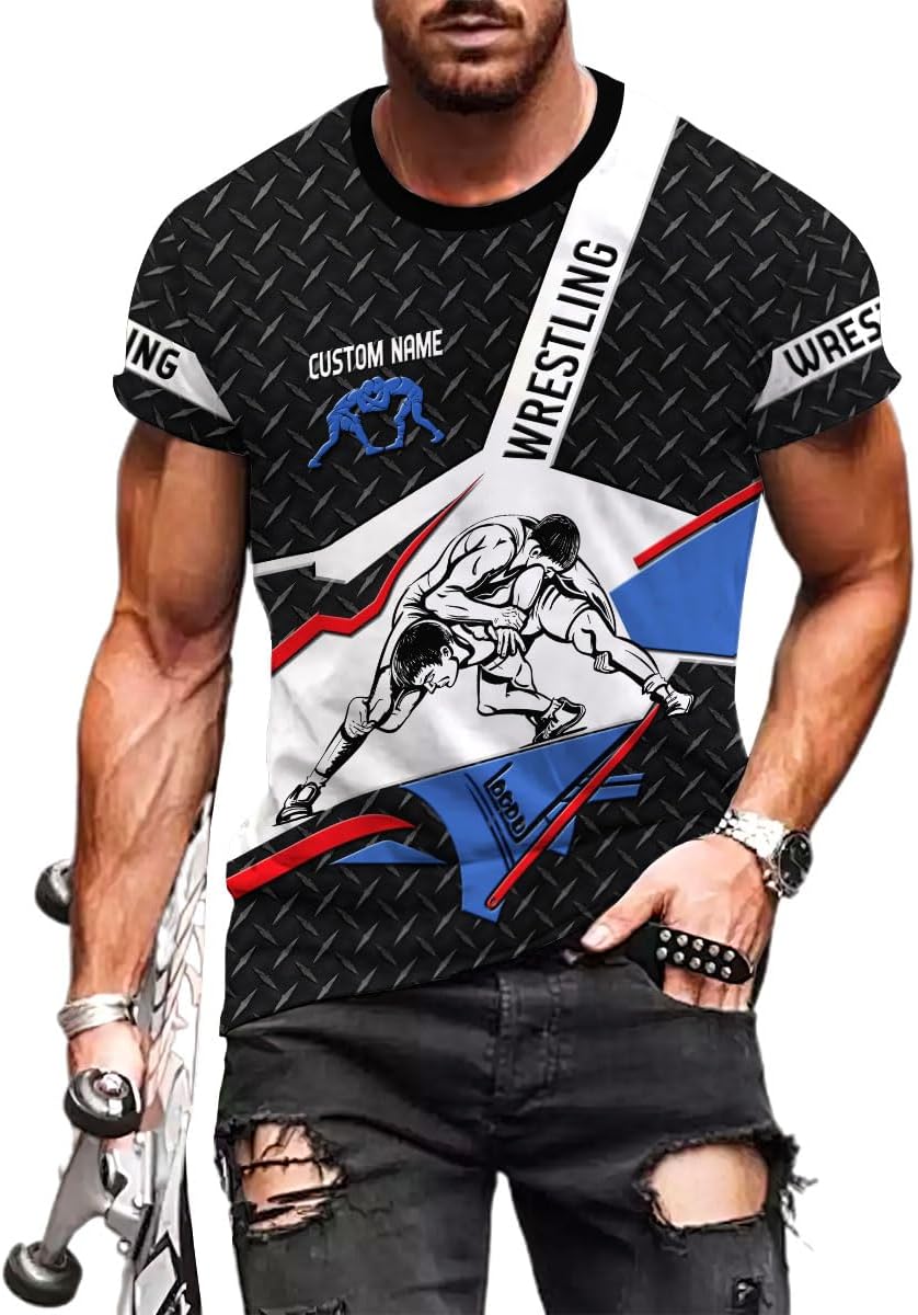 MAPrints Personalized Name Wrestling Shirt 3D All Over Print, Wrestle T-Shirt, Funny Free Hug Wrestling T-Shirt for Men S-5XL