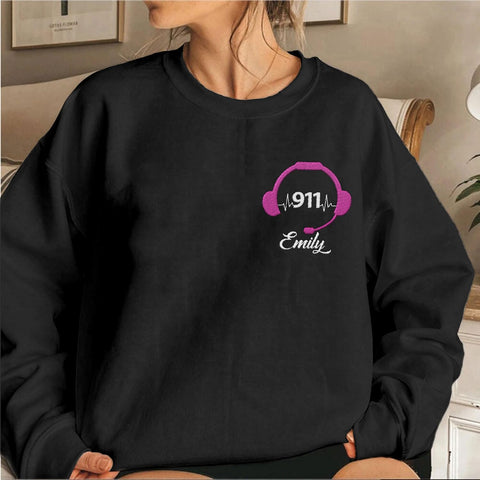 Leeprints Personalized Embroidered Dispatcher 911 Sweatshirt, Pulse Dispatch Embroider Hoodie, Thin Gold Line 911