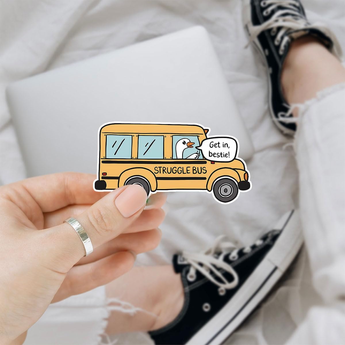 (3psc) Struggle Bus Drive Get in Bestie Sticker, Struggle Bus Sticker, Struggle Bus Goose Sticker Mental Health Anxiety Sticker Die-Cut Waterproof Vinyl Sticker Laptop Water Bottle Window Phone Helmet