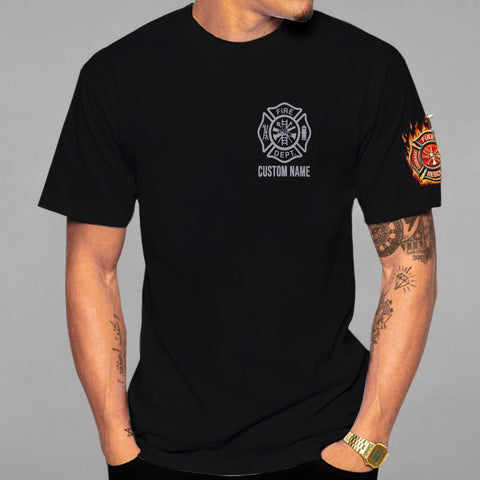 Personalized Name Firefighter Patriotic Thin Red Line Firefighter USA Flag T Shirts for Men and Women Full Size S-5XL