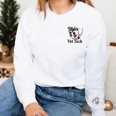 Intenprints Personalized Vet Embroidered Sweatshirt, Veterinarian Shirt with Name, Vet Tech Gift, Stethoscope and Dog Cat Paw