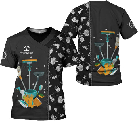 Personalized Housekeeping Shirts, Custom Cleaning Uniforms for Women 3D Cleaning Service Gifts Housekeeper Shirt Clean Lady