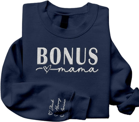 Riveprints Personalized Bonus Mama Embroidered Sweatshirt, Bonus Mom Sweatshirt for Stepmom Step Mama Gifts Mother's Day 2024