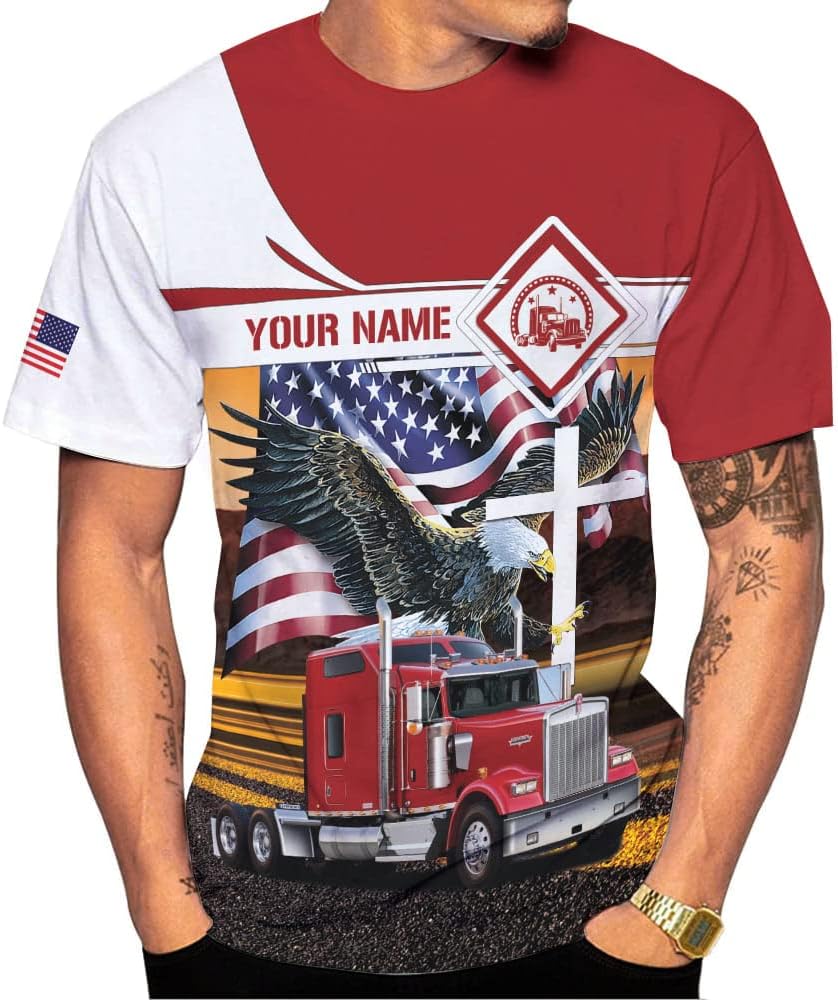 Personalized Trucker Shirt Custom US Flag Truck Driver T-Shirt Funny Trucker Gift 3D Hoodie for Men & Women Trucking Diesel