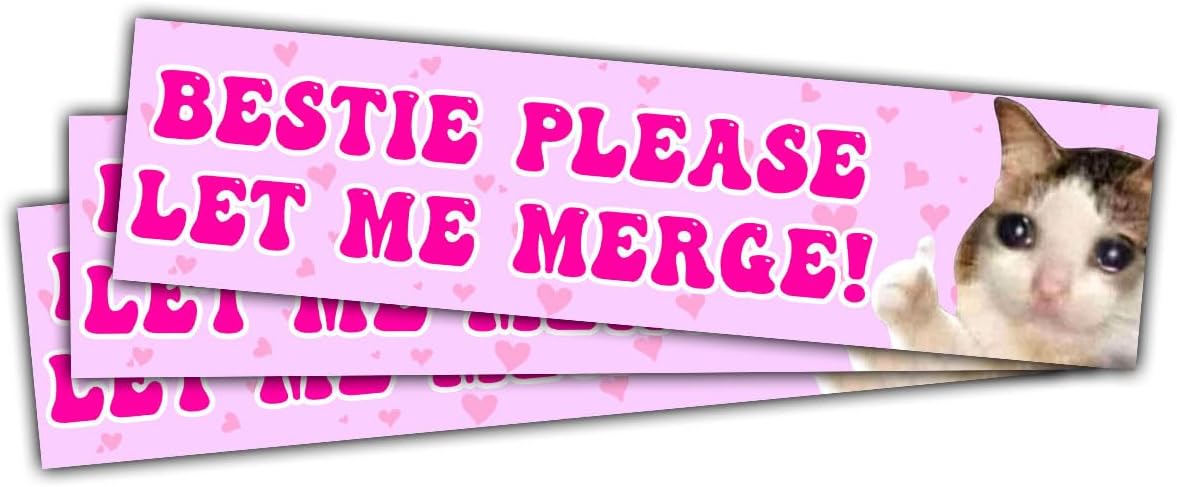 3 Pcs Bestie Let Me Merge Bumper Sticker, Funny Dog Cat Gen Z Meme, Bestie Please Let Me Merge Bumper Sticker, New Driver Stickers for Vehicle Decal for Car Truck Laptop Phone Helmet 5"x5" (Cat)
