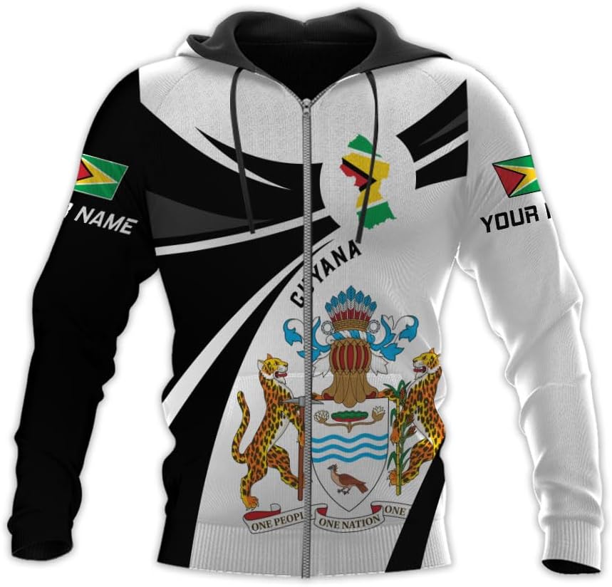 Leprints Personalized Guyana Hoodie 3D Guyanese Coat of Arms Flag Guyana 3D Sweatshirt Guyana Guyanese Pride Gift Zip Hoodie