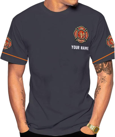 Personalized Name Firefighter Patriotic Thin Red Line Firefighter USA Flag T Shirts for Men and Women Full Size S-5XL