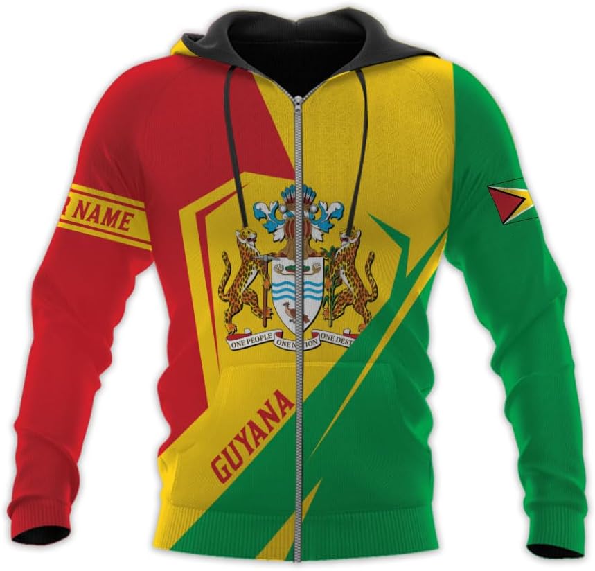 Leprints Personalized Guyana Hoodie 3D Guyanese Coat of Arms Flag Guyana 3D Sweatshirt Guyana Guyanese Pride Gift Zip Hoodie