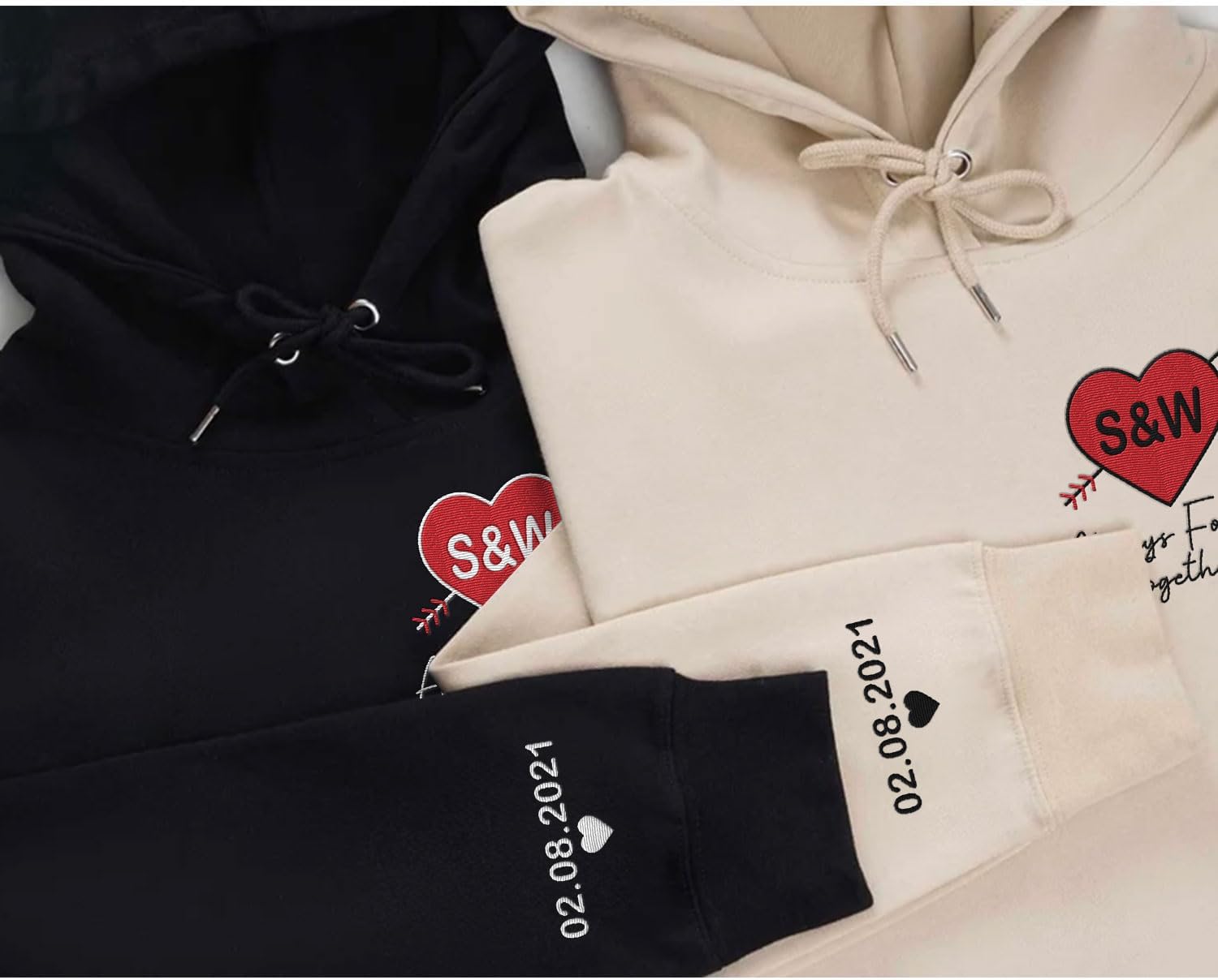 Personalized Embroidered Heart Hoodies For Couples, Matching Couple Sweaters Custom Anniversary Sweatshirts Spider Heart