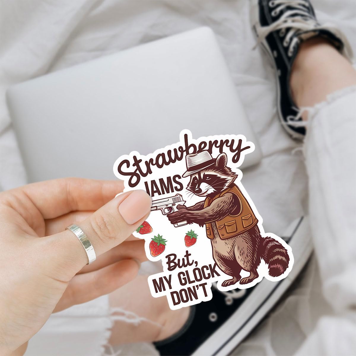 3 Pcs Strawberry Jams But My Gl**k Don't Sticker Funny Raccoon Meme Sarcastic Joke, Raccoon Bumper Sticker- Vinyl Sticker 3 Inches for Water Bottles Laptop Phone Car Window Helmet