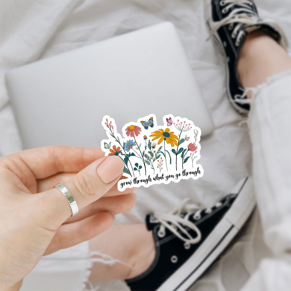 3Pcs Grow Through What You Go Through Motivational Sticker Floral Sarcastic Inspirational Waterproof Decal Grow Through What You Go Through Stickers for Laptop Bottle Phone Car Hard Hat Helmet 3"