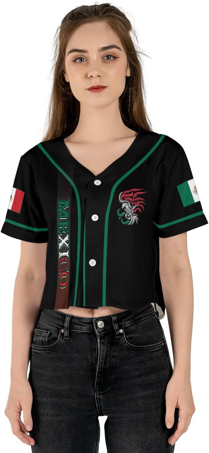 Mostprints Personalized Name Number Mexico Baseball Jersey Croptop Shirt, Mexican Shirts for Women, Mexico Shirts for Women