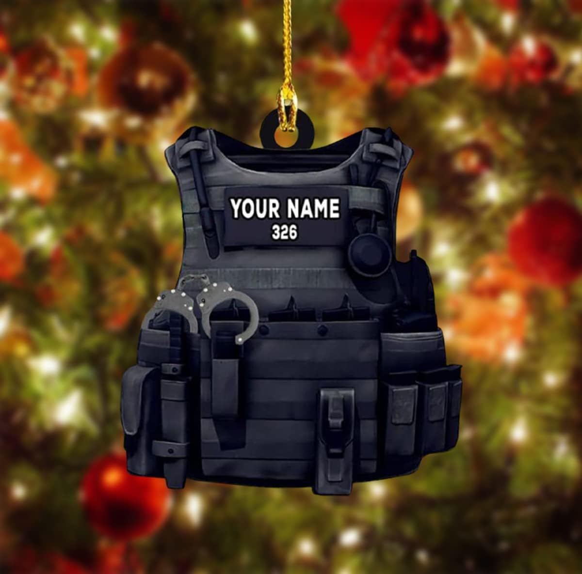 Personalized Police Uniform Ornament Custom Bullet Proof Jacket Vest Flat Two Sided Hanging Printed Plastic Ornaments Christmas Car Festival Decoration PO5, Black