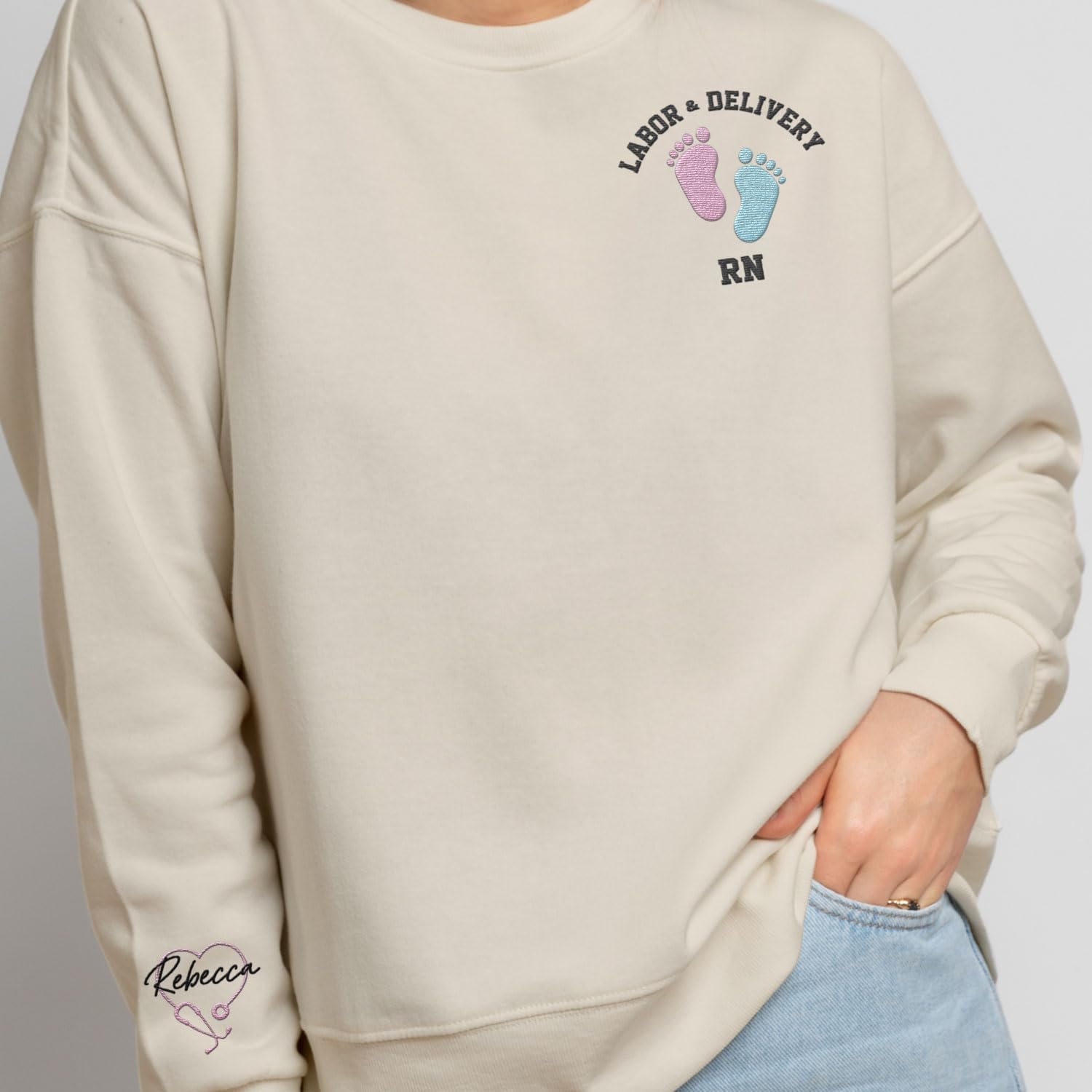 Suseaz Personalized Labor and Delivery Nurse Embroidered Sweatshirt, LD Sweatshirt Hoodie, L&D Sweater for Women