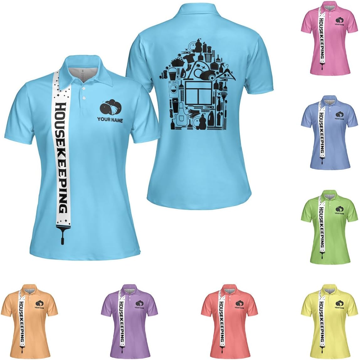 MoonArt Personalized Housekeeping Polo Shirts 3D Print Cleaning Service, Housekeeper House Cleaning Uniforms for Women