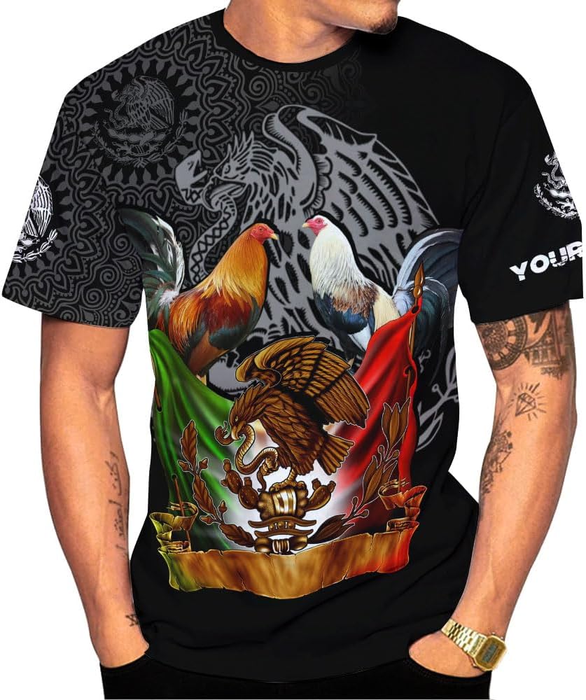 MoonArt Personalized Name Mexican Shirts for Men, Rooster Mexico Shirts for Men, Mexico Shirt Eagle Flag Mexican Eagle