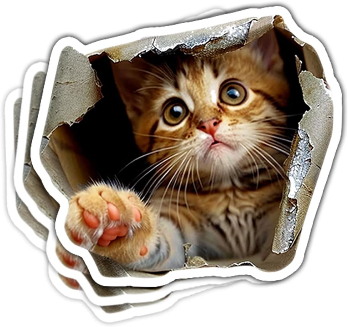 (3pcs) Cat Wall Sticker, Peeking Cat Sticker for Wall, 3D Wall Stickers, Self Adhesive Wall Mural, Tabby Cat Decals - Vinyl Stickers 3 Inches for Laptop Water Bottle Phone Car Window Helmet (Cat 1)