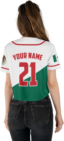 Mostprints Personalized Name Number Mexico Baseball Jersey Croptop Shirt, Mexican Shirts for Women, Mexico Shirts for Women