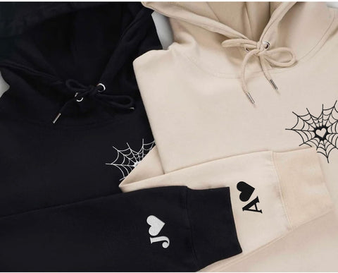 Personalized Embroidered Heart Hoodies For Couples, Matching Couple Sweaters Custom Anniversary Sweatshirts Spider Heart