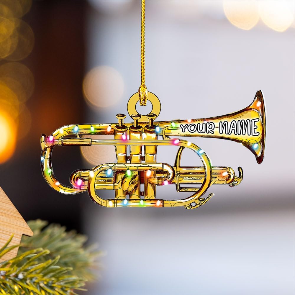MoonArt Trumpet with Christmas Hat Personalized Trumpet Ornament for Christmas Tree Trumpet Christmas Ornaments for Trumper Player Acrylic Flat 2D Music Instruments Ornaments Music Band (TRP10)