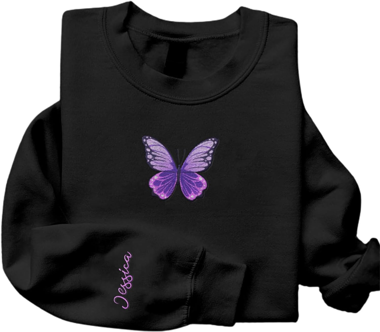 Podagree Personalized Butterfly Embroidered Sweatshirt, Custom Pink Butterfly Hoodie Name FLower Graphic