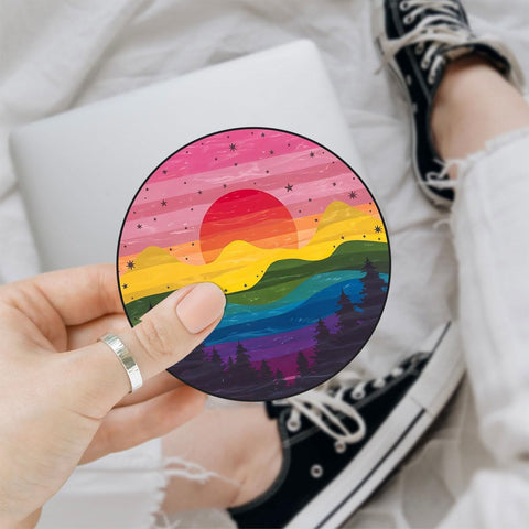 3 Pcs Rainbow Mountain Sunset Sticker, Gay Sticker, LGBT, LGBTQ Pride Sticker, Mountain Hiking Camping Sticker, Aesthetic Nature Vinyl Decal for Laptop, Car, Water Bottle, Pride LGBTQ+ 3 inches