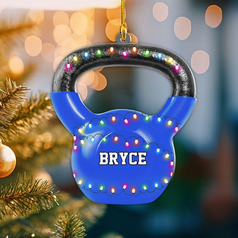 mostprints Personalized Dumbbell Ornament, Fitness Gift for Gym Workout Trainer Coach Instructor, Barbell Weight Plates Custom Ornament for Weightlifter, Weightlifting Ornament (D5)