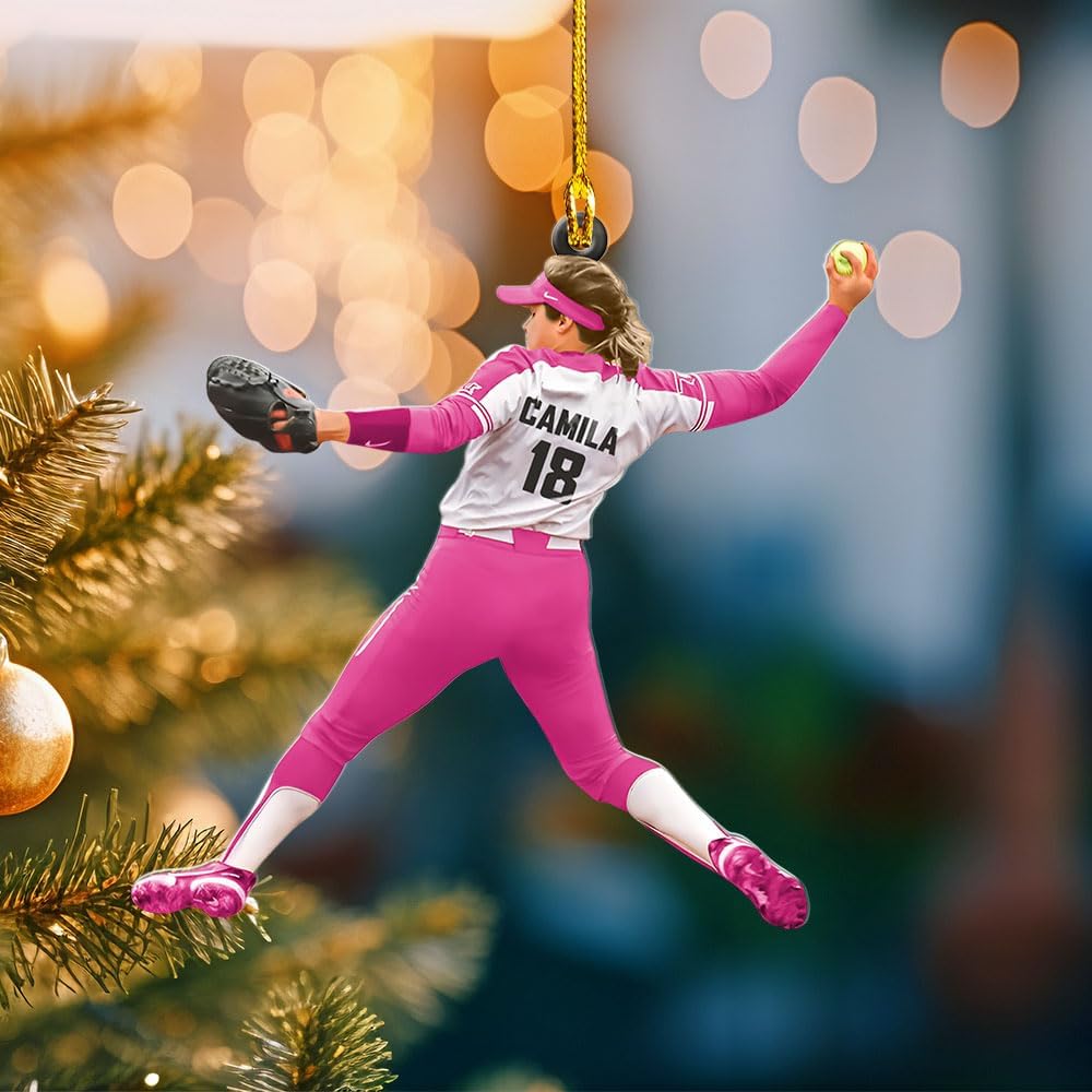 MoonArt Personalized Softball Ornament Christmas Tree Decoration Custom Softball Christmas Ornament 2D Shape Flat Softball Lover Gifts Beginner Softball Players Ornament Gift (SB3)