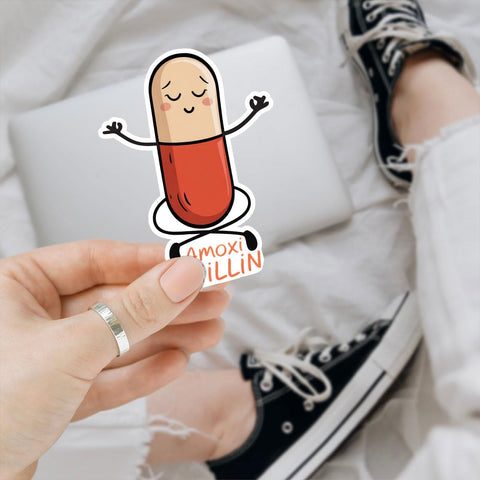 (3PCS) Amoxi Chillin Sticker, Funny Medication Pun Stickers Cartoon Antibiotic Pill Yoga Design for Pharmacists and Medical Students, Car Decal for Laptop Water Bottle Phone Case 3 Inch