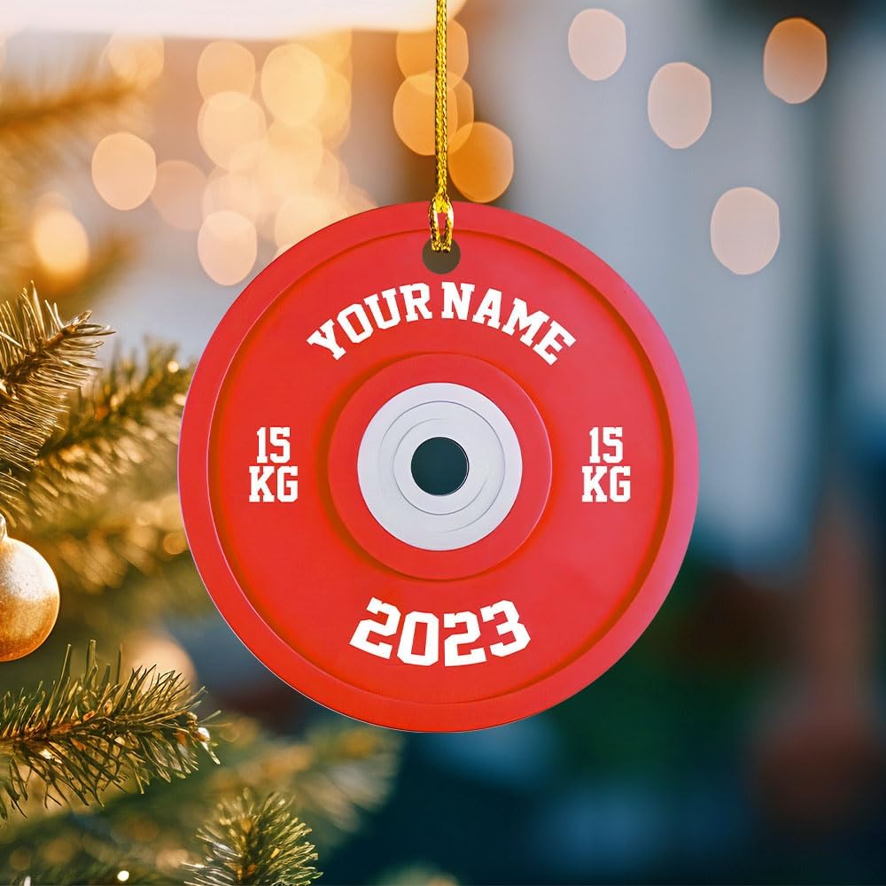 mostprints Personalized Dumbbell Ornament, Fitness Gift for Gym Workout Trainer Coach Instructor, Barbell Weight Plates Custom Ornament for Weightlifter, Weightlifting Ornament (D1)