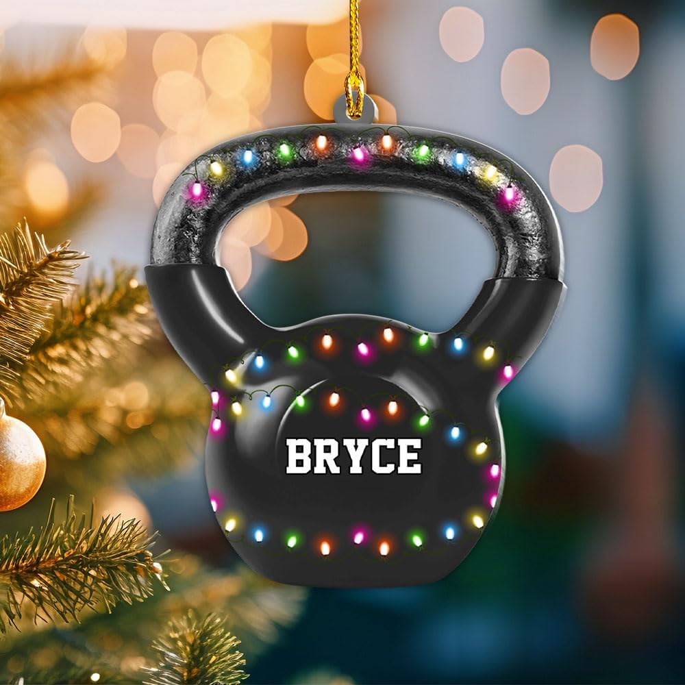 mostprints Personalized Dumbbell Ornament, Fitness Gift for Gym Workout Trainer Coach Instructor, Barbell Weight Plates Custom Ornament for Weightlifter, Weightlifting Ornament (D5)