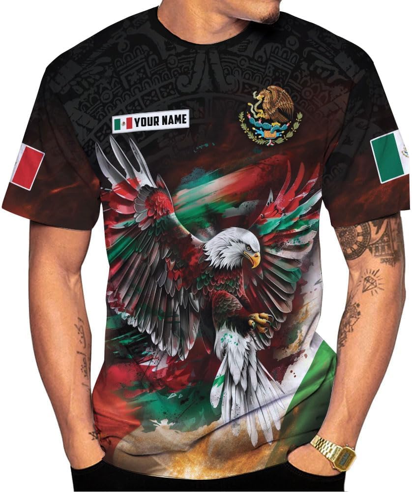 HomeDesign Custom Mexico Shirts Personalized Name Mexican 3D Flag Shirt for Men Women Aztec Unisex US Eagle Pride Camisas