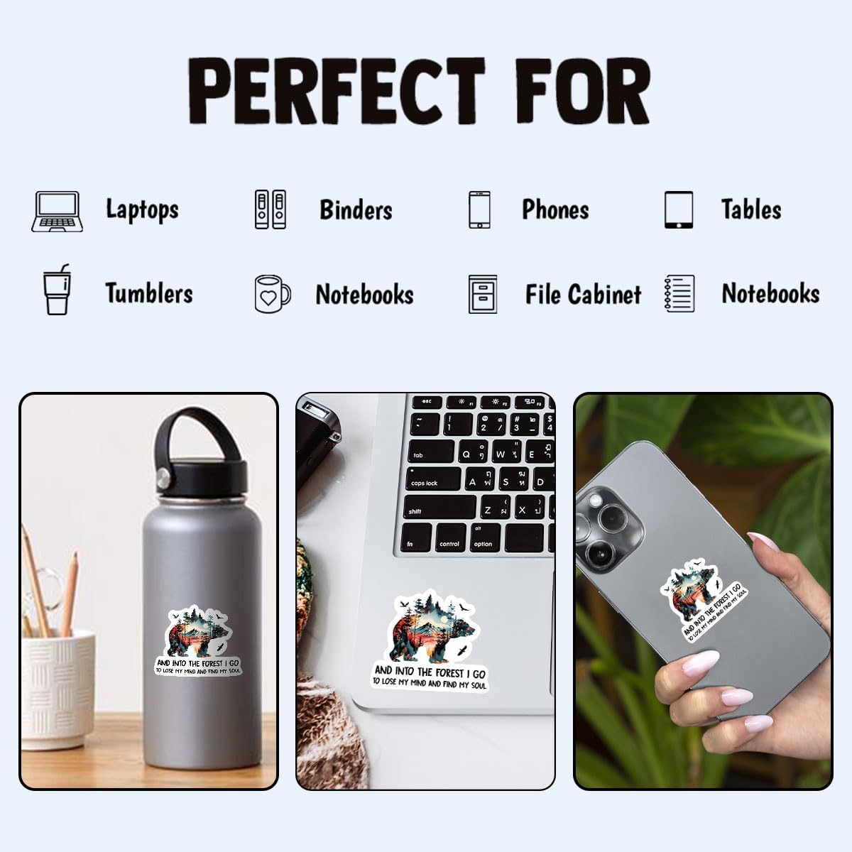 (3 Pcs) Into The Forest I Go to Lose My Mind and Find My Soul Sticker - Inspirational Hiking & Camping Quote Vinyl Waterproof Sticker for Laptop, Tumbler, Water Bottle, and More - 3 inch