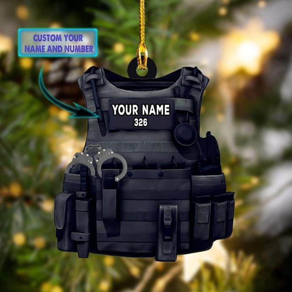 Parvii Personalized Name Police Ornaments Police Gifts Police Christmas Ornament Police Vest Bullet Proof Flat Hanging Printed Plastic Custom Police Ornament Decorations (Black Vest) (All Police Vest)