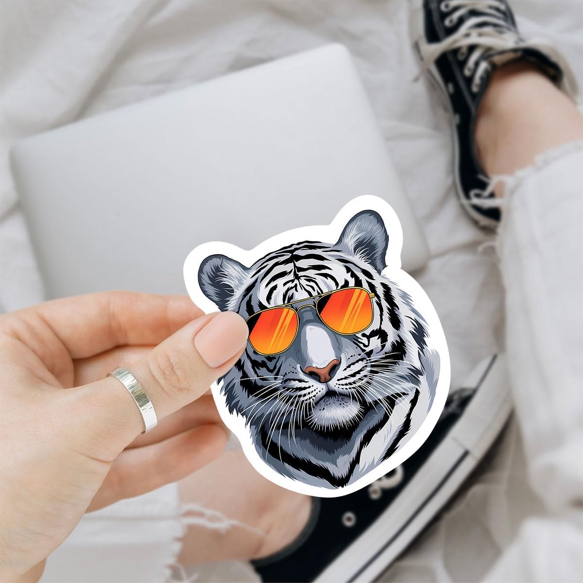 (3Pcs) Cool Animal Vinyl Sticker, Tiger Sunglasses Sticker, Tigress Decal, White Tiger's Head Bumper Sticker - Stickers for Laptop Water Bottle Car Helmet 3" (White Tiger Head)