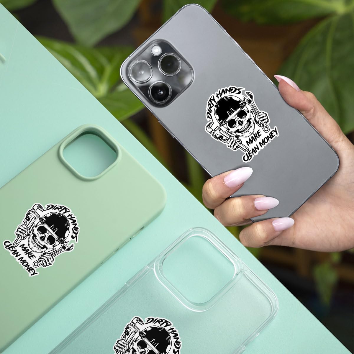 (3PCs) Dirty Hands Make Clean Money Skull Mechanic Sticker, Hard Hat Sticker, Mechanic Life Vinyl Decal Electrician Lineman Tool Box Sticker - Stickers for Laptop Water Bottle Phone Car Helmet 3"