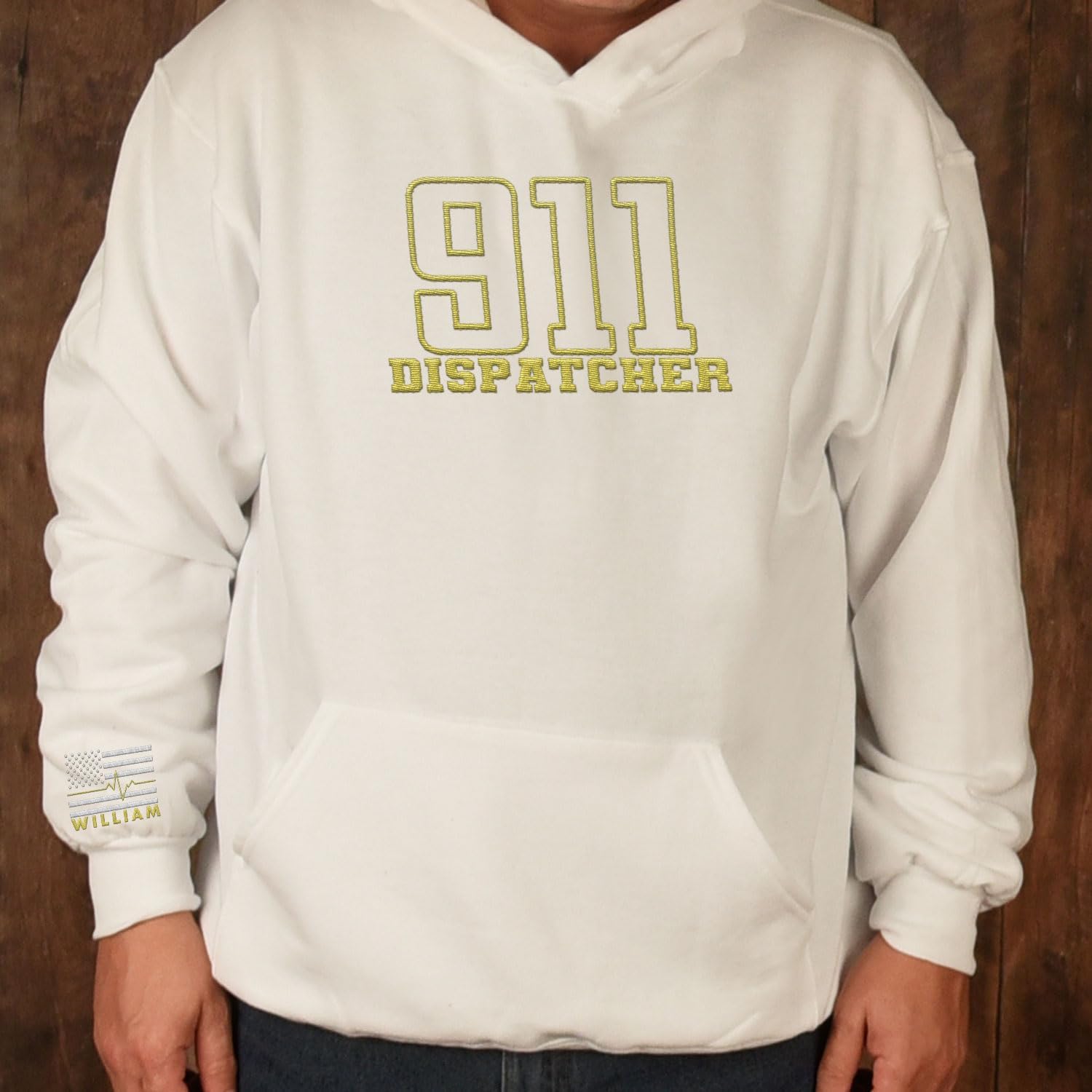 Custom Dispatcher Embroidered Sweatshirt with Thin Gold Line Flag 911 Emergency Services Personalized Shirt for Men and Women