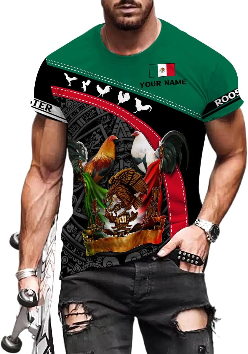 Mostefy Personalized Name Mexican Shirts for Men 3D, Rooster Mexico Shirts for Men, Mexico Shirt Eagle Flag Mexican Eagle New