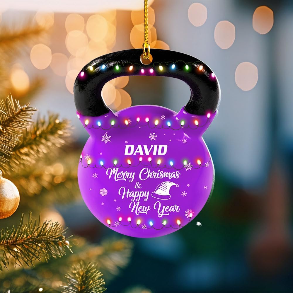 mostprints Personalized Dumbbell Ornament, Fitness Gift for Gym Workout Trainer Coach Instructor, Barbell Weight Plates Custom Ornament for Weightlifter, Weightlifting Ornament (D2)