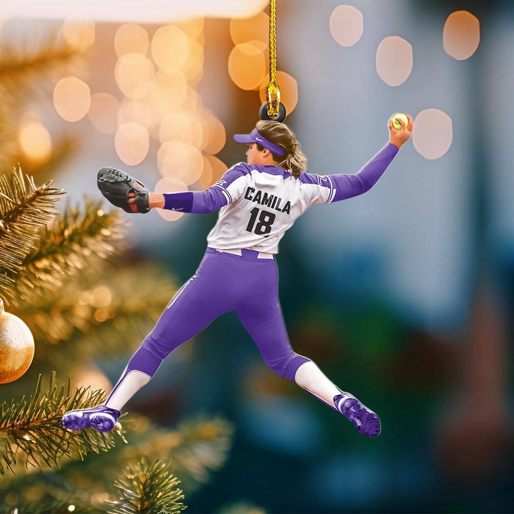 MoonArt Personalized Softball Ornament Christmas Tree Decoration Custom Softball Christmas Ornament 2D Shape Flat Softball Lover Gifts Beginner Softball Players Ornament Gift (SB3)