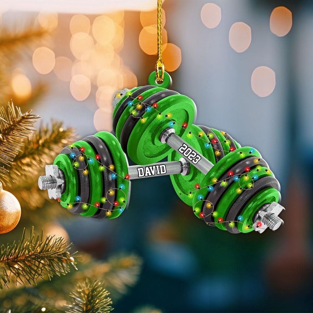HomeDesign Personalized Dumbbell Ornament, Fitness Gift for Gym Workout Trainer Coach Instructor, Barbell Weight Plates Custom Ornament for Weightlifter, Weightlifting Ornament (D9)
