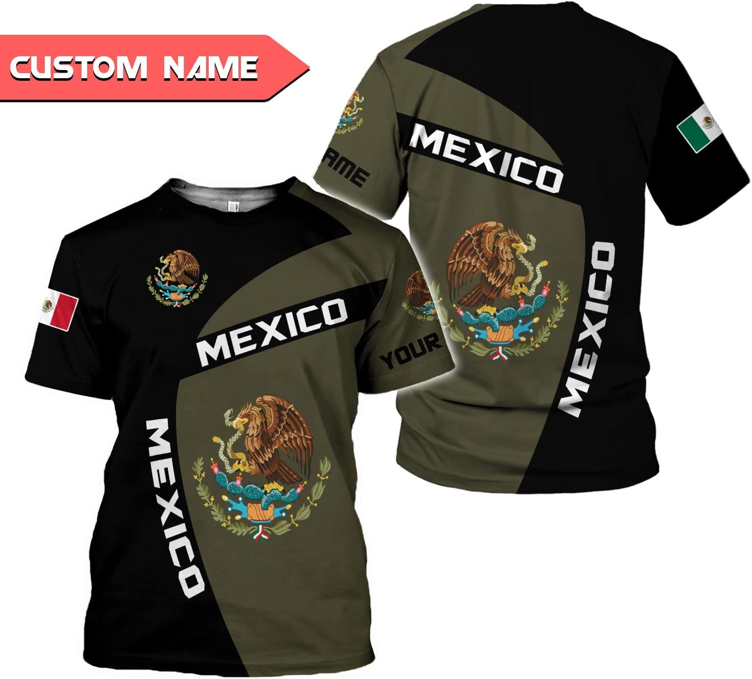 Customized Name Eagle Mexico Mexican US Flag Unisex 3D All Over Printed Sportwear, T Shirt for Men Women Adult Full Size S-5XL TS10