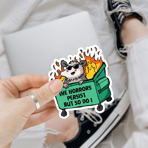 3 Pcs The Horrors Persist but So Do I Sticker, Funny Possum Horror Stickers Mental Health, The Horrors Persist but So Do I Stickers for Laptop Water Bottle Phone Car Helmet Hard Hat Gifts 3"x3"