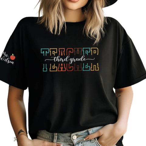 Custom Third Grade Embroidered Teacher T-Shirt Personalized Back to School Tee Teach Love Inspire Rainbow 3rd Grade Shirt