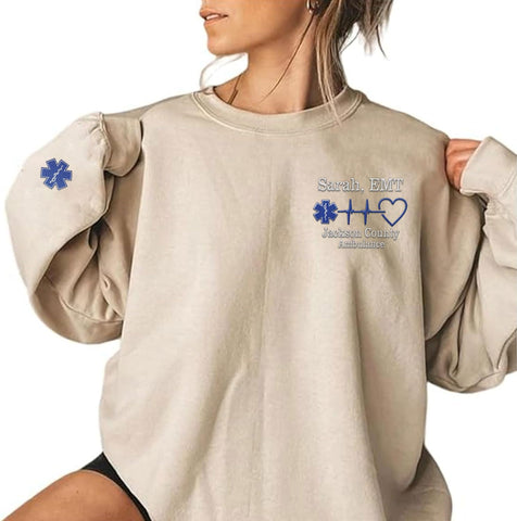 Intenprints Personalized EMS EMT Embroidered Sweatshirt, Custom EMS EMT Paramedic Uniform Emergency Medical Technician Shirts