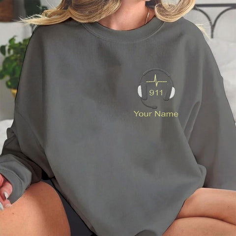 Intenprints Personalized Embroidered Dispatcher Shirt 911 Emergency Services Sweatshirt Thin Gold Line Flag Dispatcher Shirt
