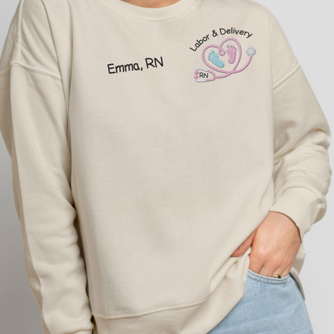 Suseaz Personalized Labor and Delivery Nurse Embroidered Sweatshirt, LD Sweatshirt Hoodie, L&D Sweater for Women