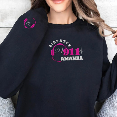 Custom Dispatcher Embroidered Sweatshirt with Thin Gold Line Flag 911 Emergency Services Personalized Shirt for Men and Women