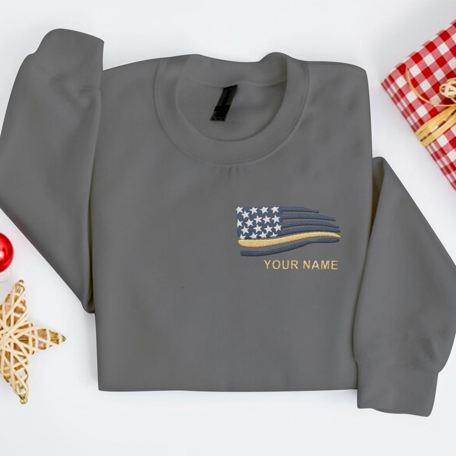 Intenprints Personalized Embroidered Dispatcher Shirt 911 Emergency Services Sweatshirt Thin Gold Line Flag Dispatcher Shirt